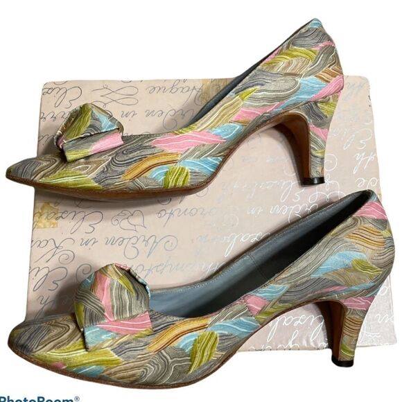 Vintage 70’s I. Magnin Silk Green Brown Pattern Heeled Pumps with bow Size 6B - Picture 6 of 11